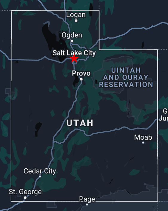 A map of Utah with a view large roads and cities shown. Underneath the words Salt Lake City is a red star showing where Rocky Mountain Astronomy Tours is located.